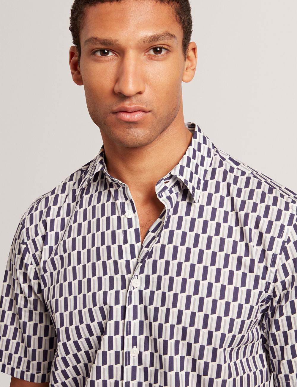 Navy Men Ted Baker PEARSOS - Geo Print Short Sleeve Cotton Casual Shirts | SA  SVJ-057134