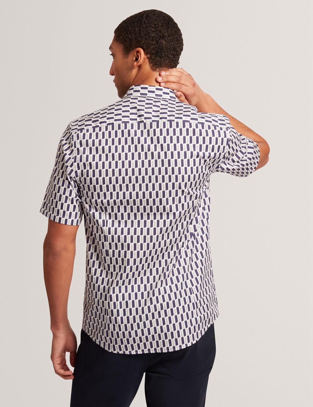 Navy Men Ted Baker PEARSOS - Geo Print Short Sleeve Cotton Casual Shirts | SA  SVJ-057134