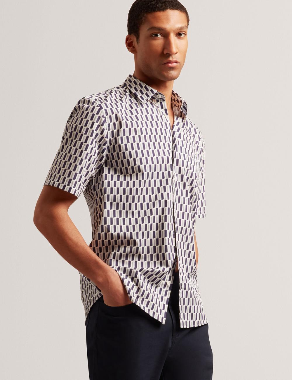 Navy Men Ted Baker PEARSOS - Geo Print Short Sleeve Cotton Casual Shirts | SA  SVJ-057134