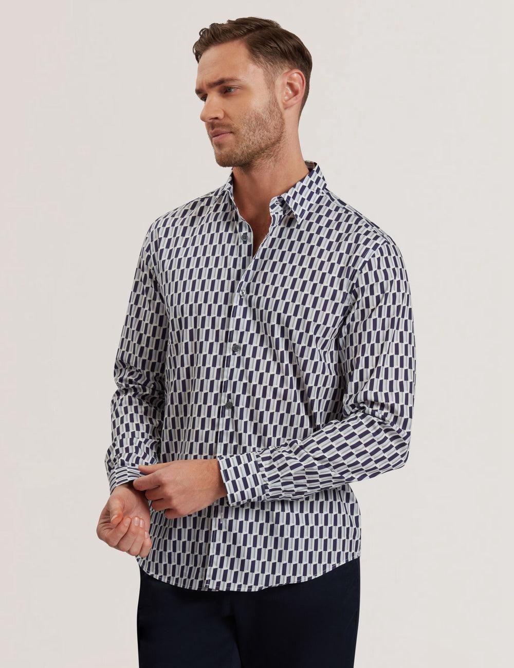 Navy Men Ted Baker PEARSO - Geometric Stripe Long Sleeve Cotton Casual Shirts | SA  YLK-548269