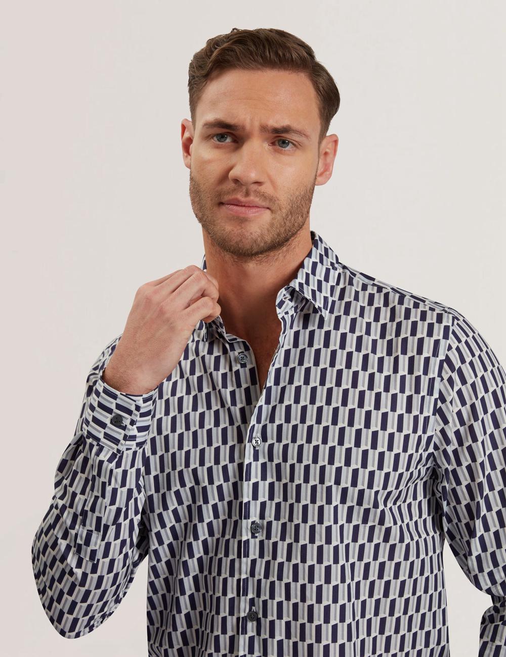 Navy Men Ted Baker PEARSO - Geometric Stripe Long Sleeve Cotton Casual Shirts | SA  YLK-548269