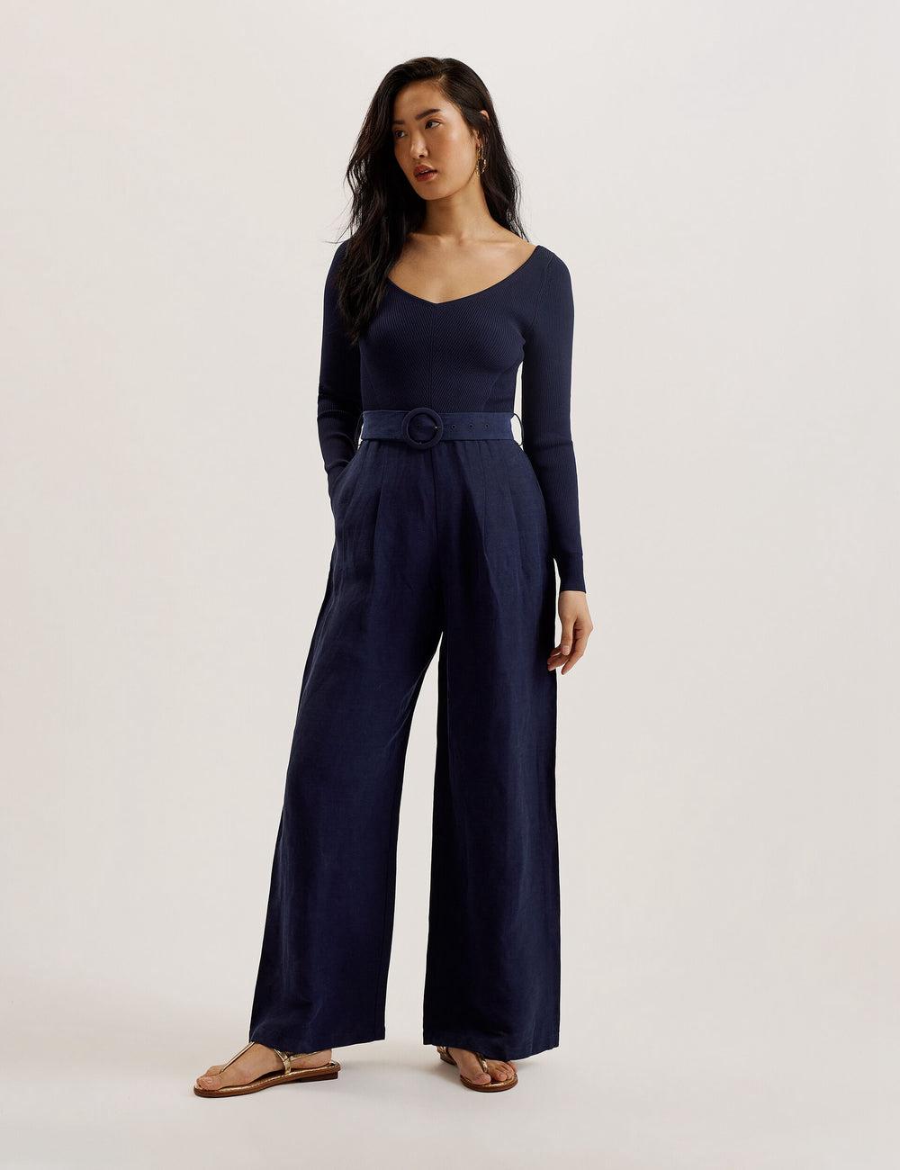 Navy Women Ted Baker AGATEA - Off Shoulder Belted Wide Leg Jumpsuits | SA  SVD-834791