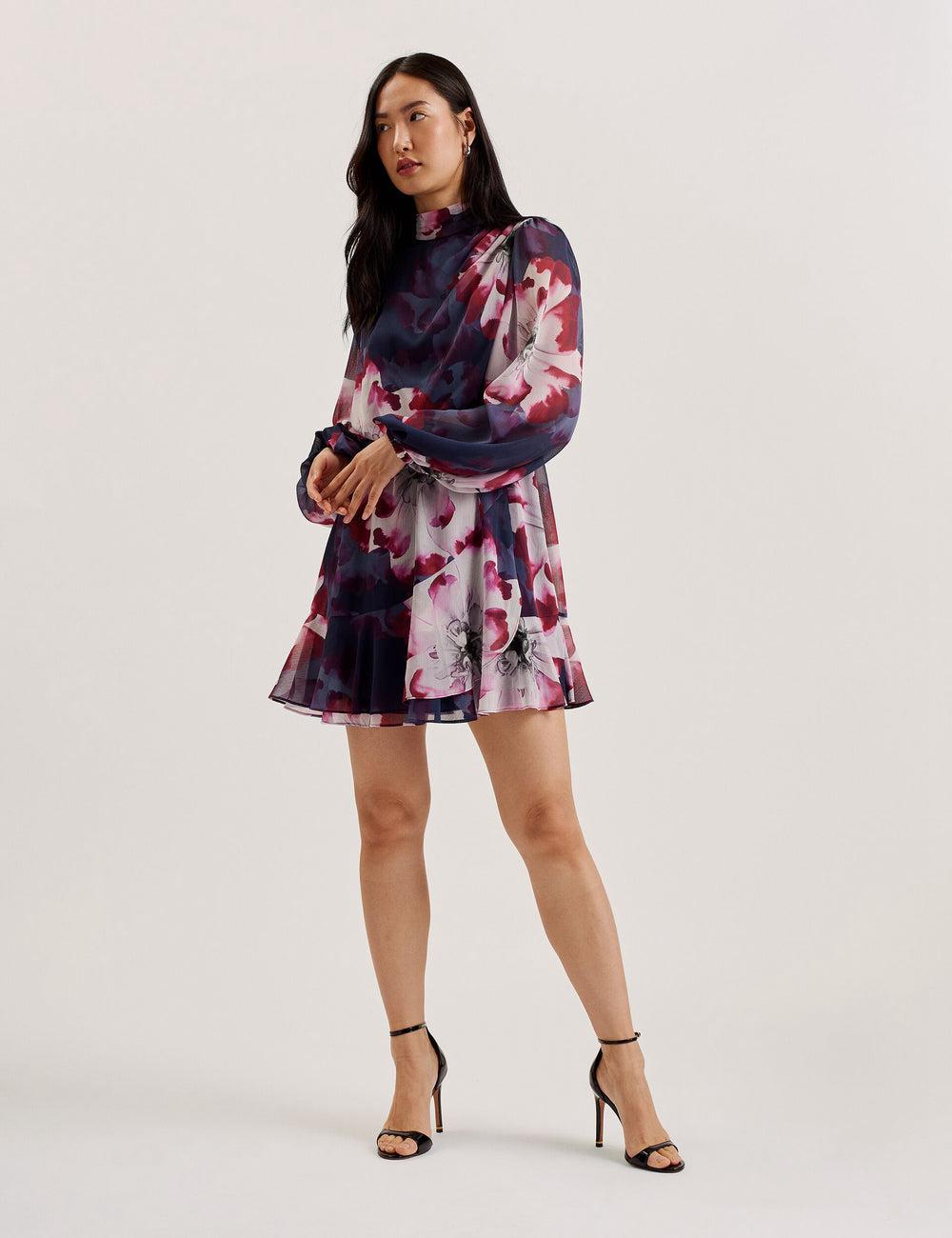 Navy Women Ted Baker ARACELY - Floral High Neck Long Sleeve Mini Dresses | SA  WMJ-106458