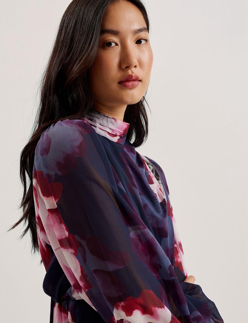 Navy Women Ted Baker ARACELY - Floral High Neck Long Sleeve Mini Dresses | SA  WMJ-106458