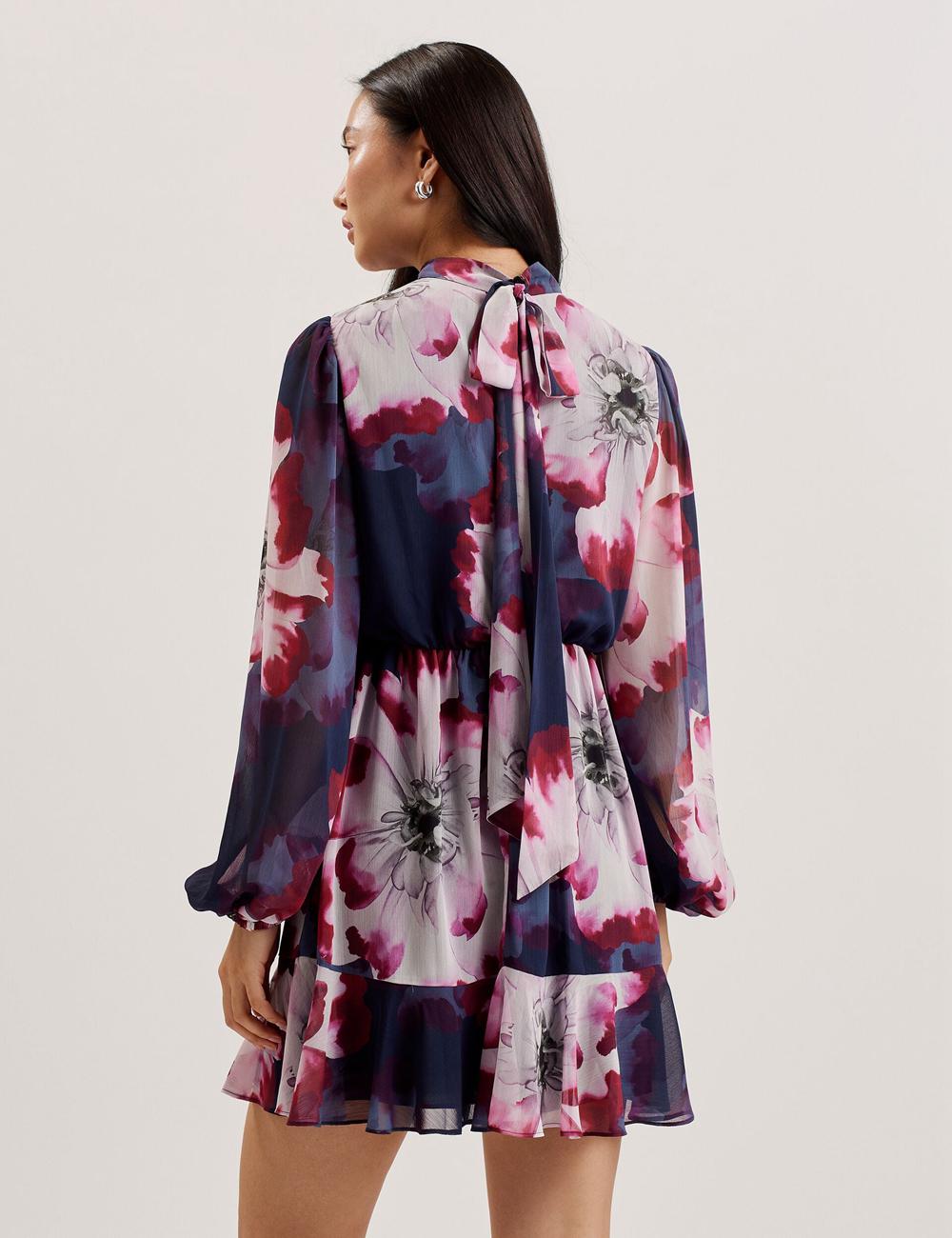 Navy Women Ted Baker ARACELY - Floral High Neck Long Sleeve Mini Dresses | SA  WMJ-106458
