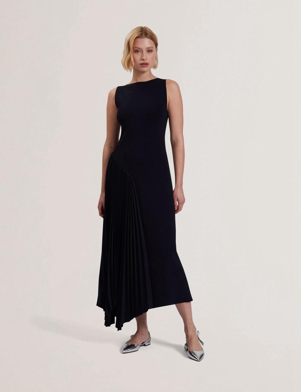 Navy Women Ted Baker AZZINA - Pleated Panel Sleeveless Knitted Midi Dresses | SA  SBN-287695