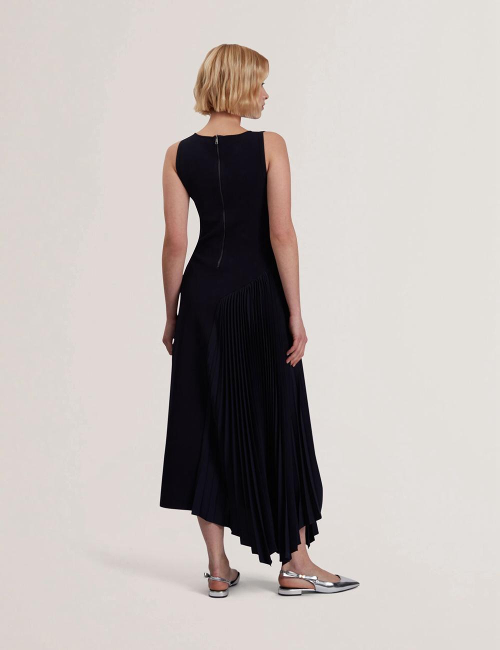 Navy Women Ted Baker AZZINA - Pleated Panel Sleeveless Knitted Midi Dresses | SA  SBN-287695