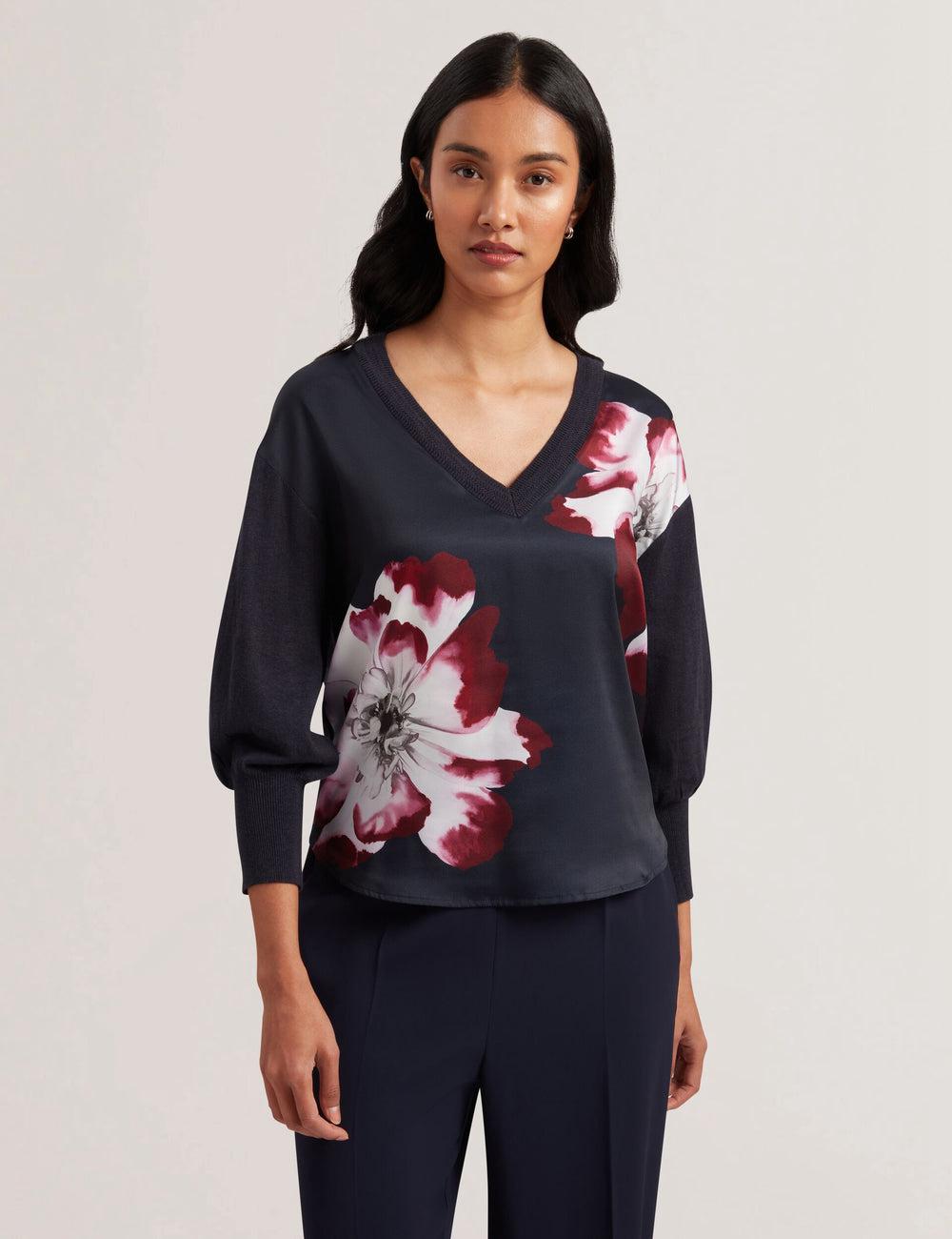 Navy Women Ted Baker CASEYJ - Printed Woven Front V-Neck Jumpers | SA  EID-358206