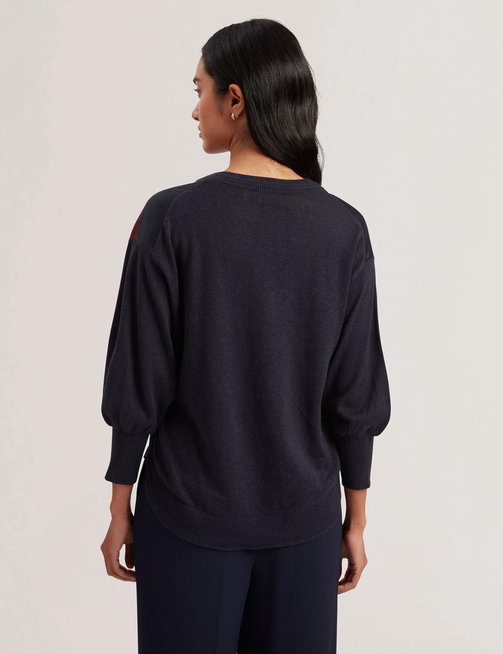 Navy Women Ted Baker CASEYJ - Printed Woven Front V-Neck Jumpers | SA  EID-358206