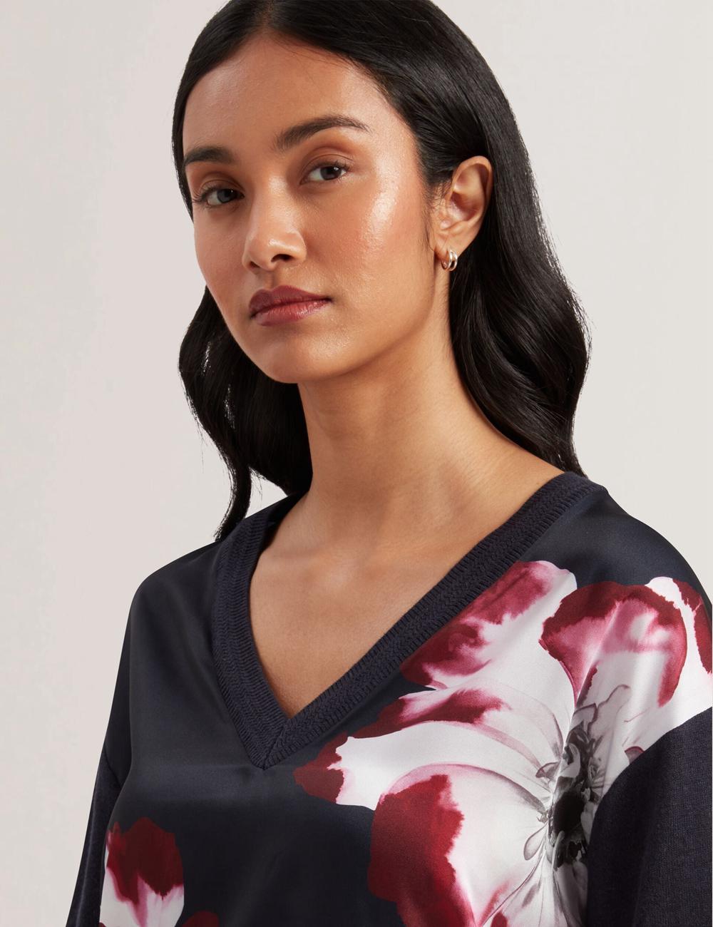 Navy Women Ted Baker CASEYJ - Printed Woven Front V-Neck Jumpers | SA  EID-358206