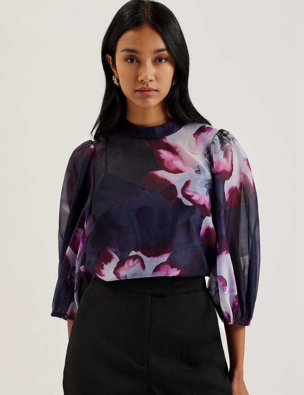 Navy Women Ted Baker CATALO - Floral Print Balloon Sleeve Organza Top Blouses | SA  VSZ-625804