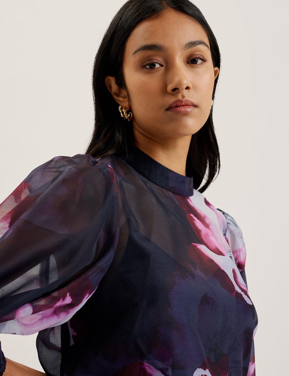 Navy Women Ted Baker CATALO - Floral Print Balloon Sleeve Organza Top Blouses | SA  VSZ-625804