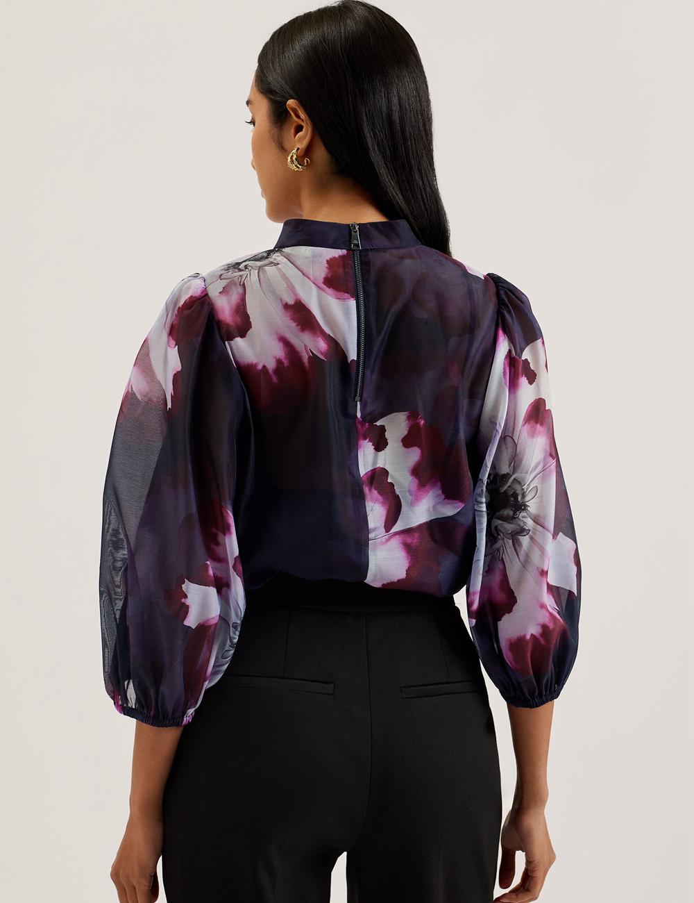 Navy Women Ted Baker CATALO - Floral Print Balloon Sleeve Organza Top Blouses | SA  VSZ-625804