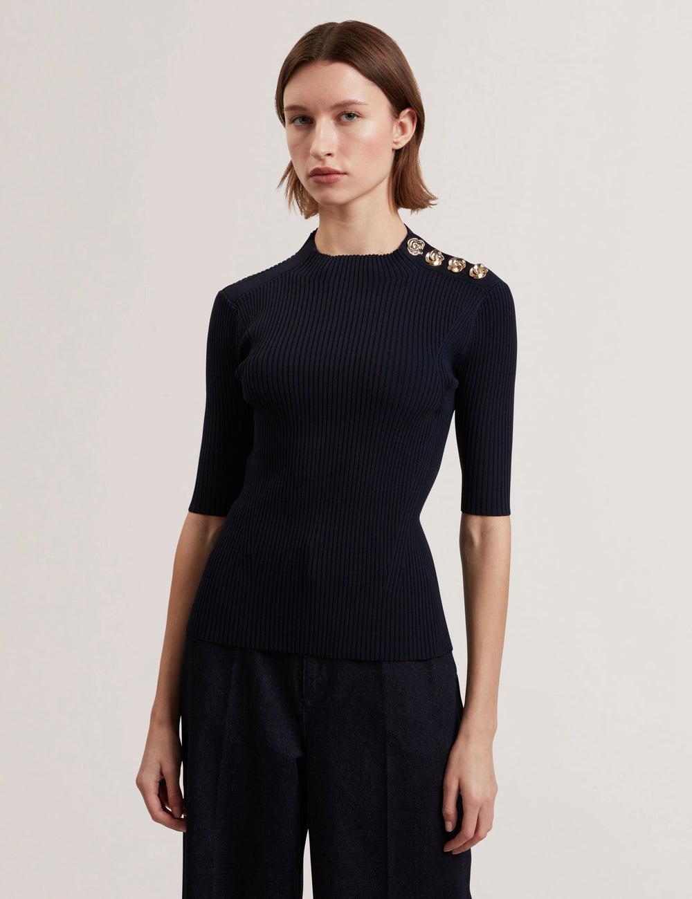 Navy Women Ted Baker EELIIA - Ribbed Knit Short Sleeve With Rose Buttons Tops | SA  ZNO-762418