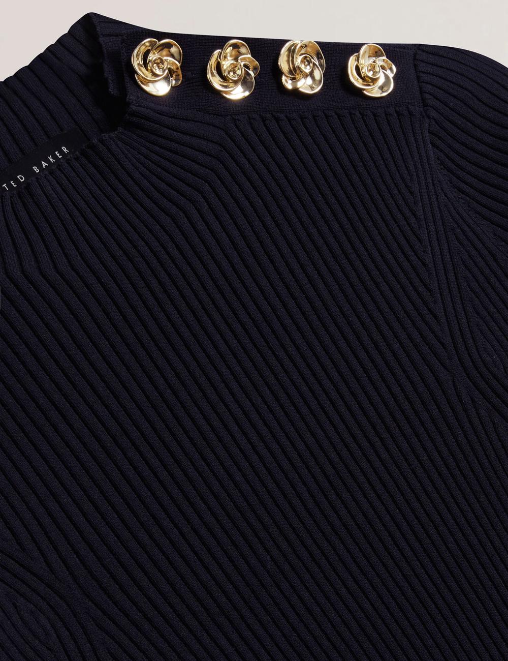 Navy Women Ted Baker EELIIA - Ribbed Knit Short Sleeve With Rose Buttons Tops | SA  ZNO-762418