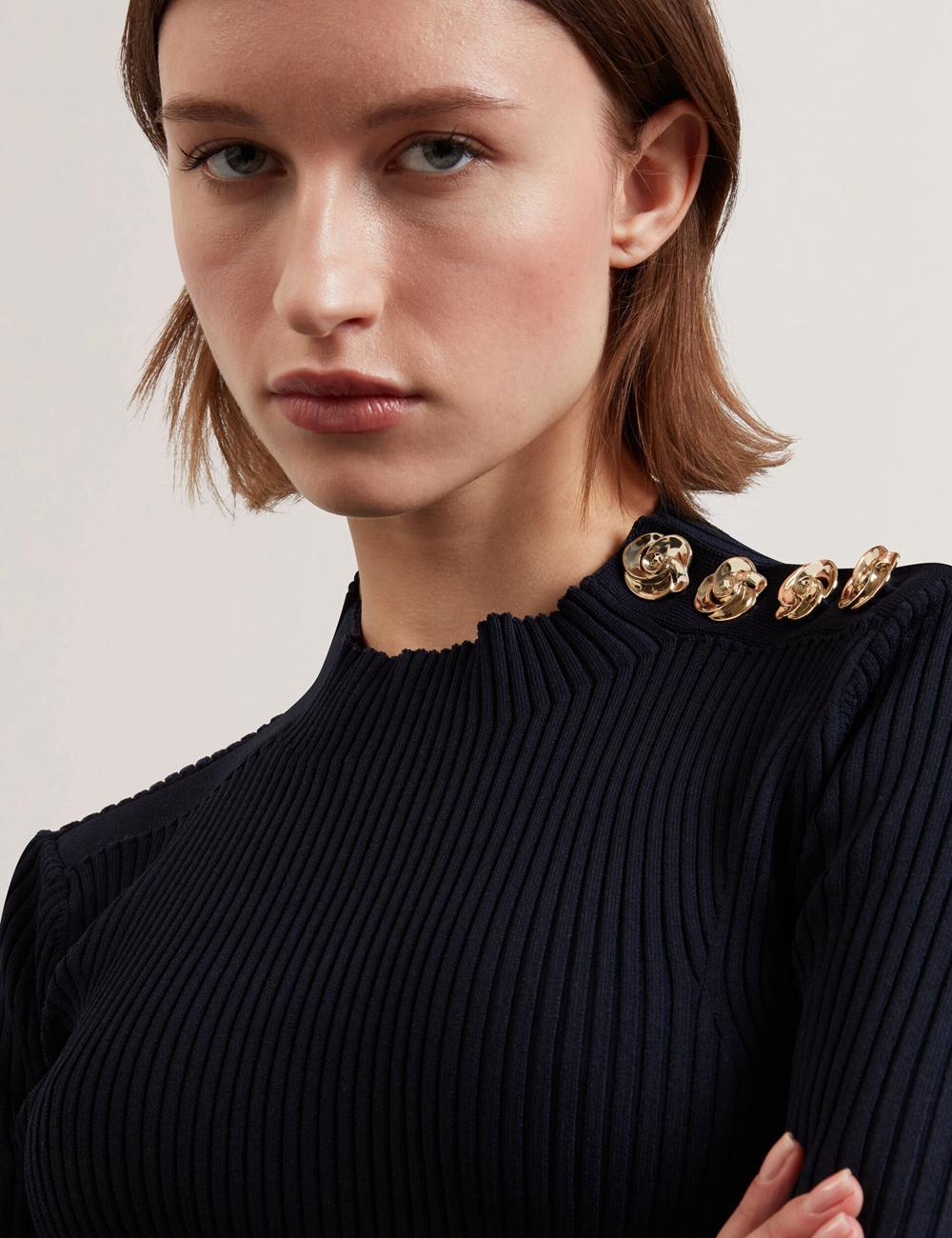 Navy Women Ted Baker EELIIA - Ribbed Knit Short Sleeve With Rose Buttons Tops | SA  ZNO-762418