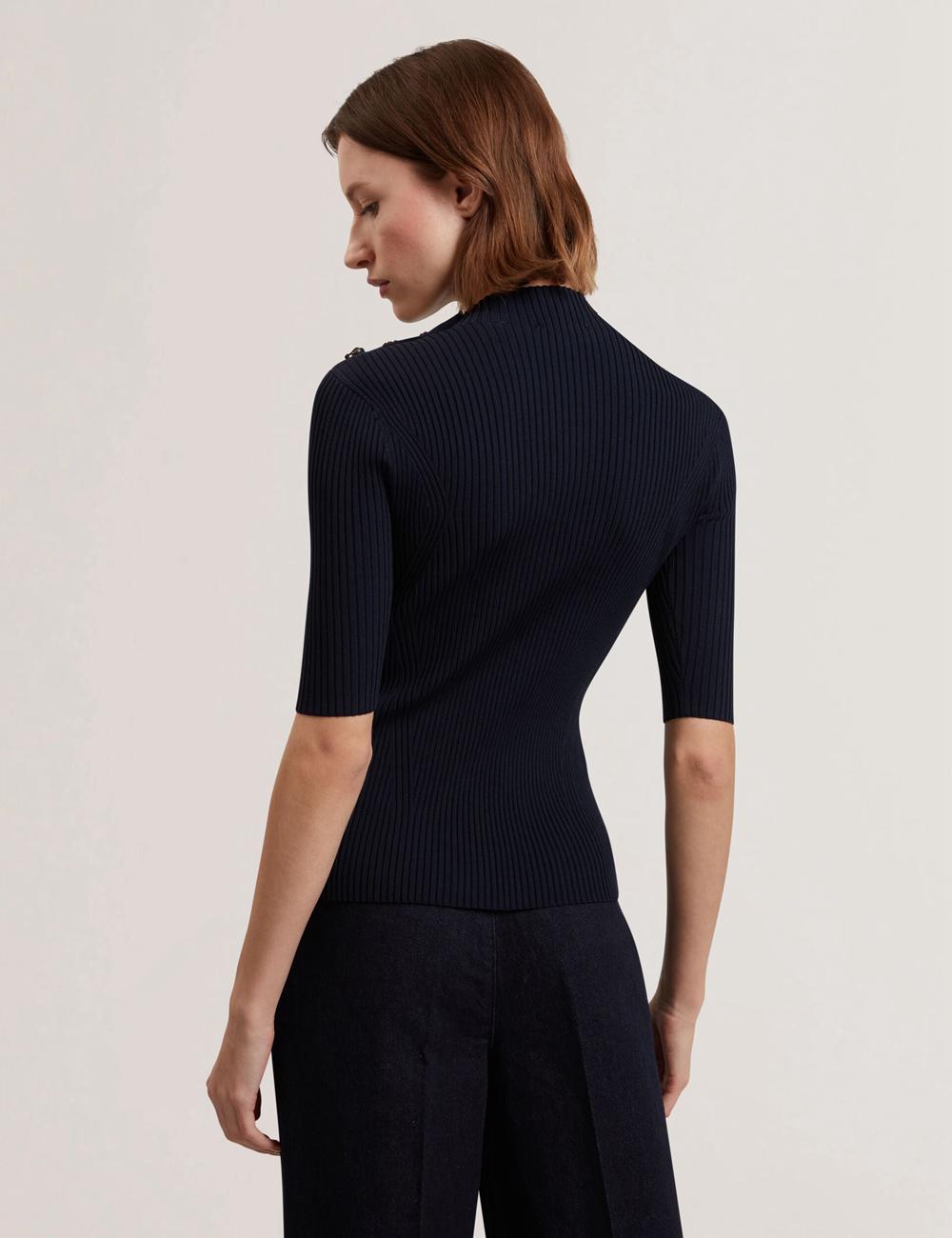 Navy Women Ted Baker EELIIA - Ribbed Knit Short Sleeve With Rose Buttons Tops | SA  ZNO-762418