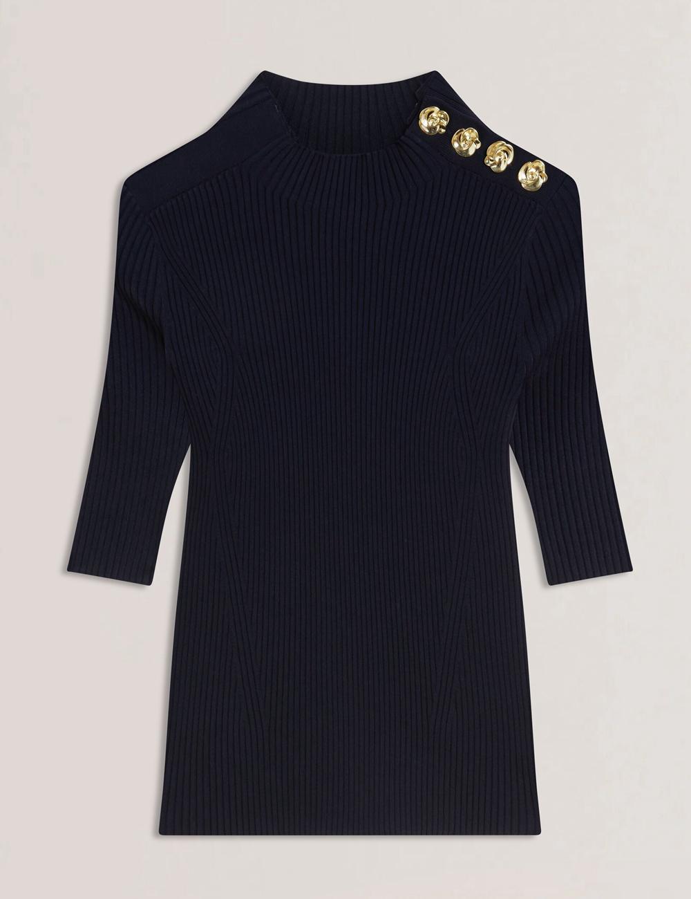 Navy Women Ted Baker EELIIA - Ribbed Knit Short Sleeve With Rose Buttons Tops | SA  ZNO-762418