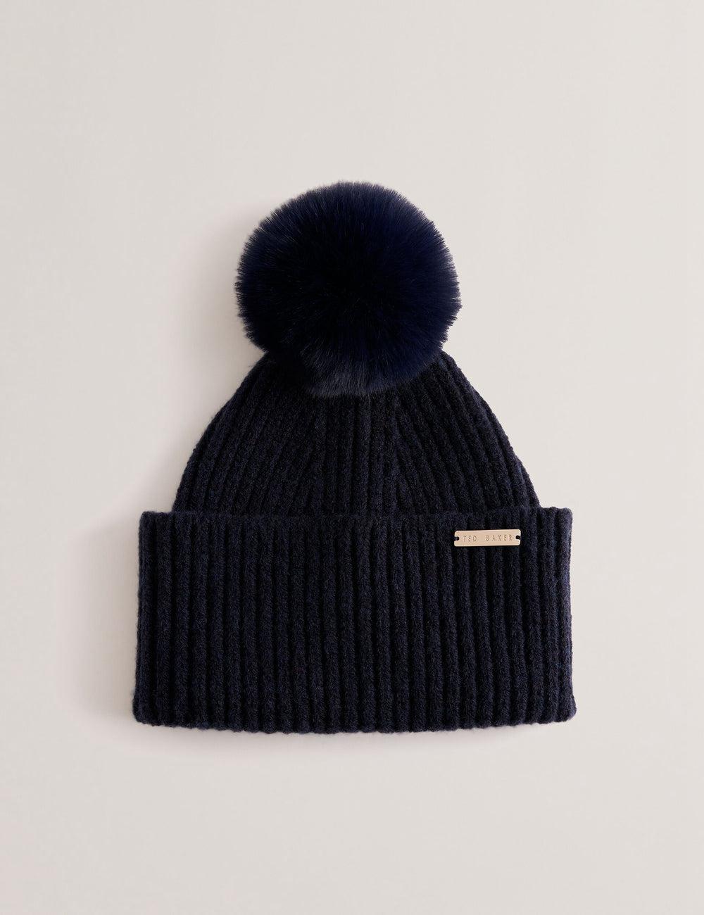 Navy Women Ted Baker EMILYYA - Ribbed Knit Fluffy Bobble Hats | SA  ISK-876532