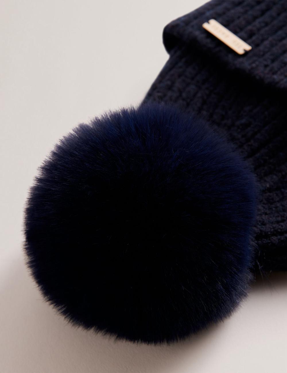 Navy Women Ted Baker EMILYYA - Ribbed Knit Fluffy Bobble Hats | SA  ISK-876532