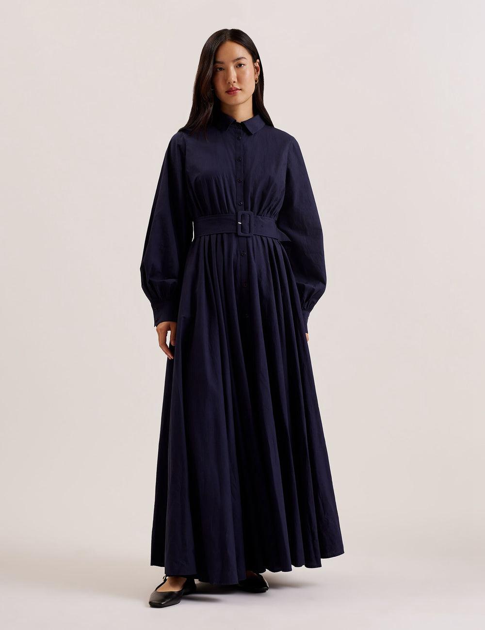 Navy Women Ted Baker ENE - Cotton Maxi Shirt Dress With Belt Maxi Dresses | SA  FZI-210897