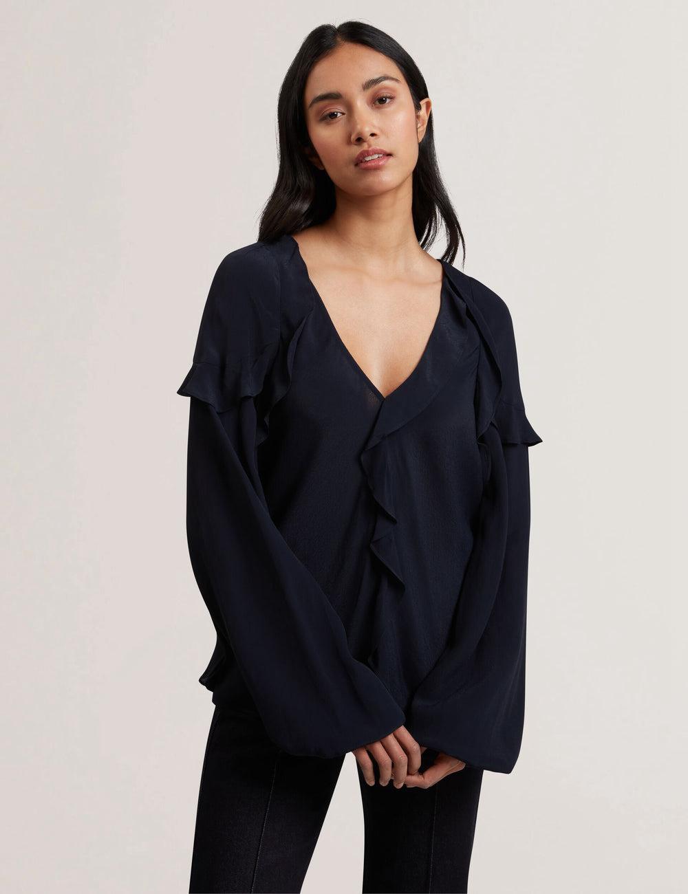 Navy Women Ted Baker KAYFA - Waterfall Ruffle Trim Long Sleeve Blouses | SA  RZL-046295