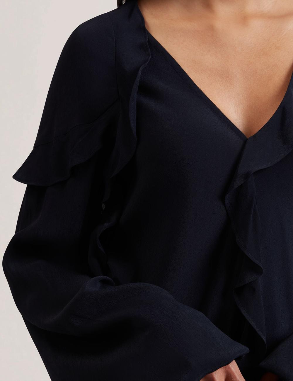 Navy Women Ted Baker KAYFA - Waterfall Ruffle Trim Long Sleeve Blouses | SA  RZL-046295