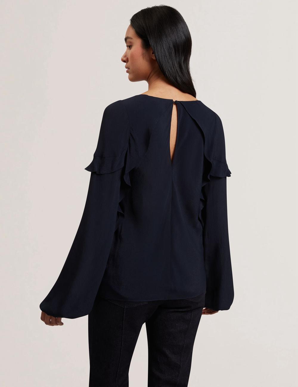 Navy Women Ted Baker KAYFA - Waterfall Ruffle Trim Long Sleeve Blouses | SA  RZL-046295