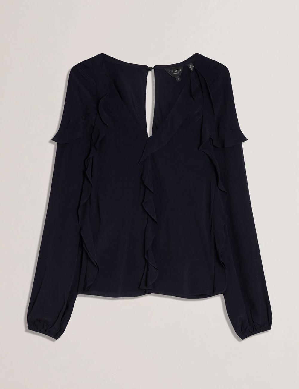 Navy Women Ted Baker KAYFA - Waterfall Ruffle Trim Long Sleeve Blouses | SA  RZL-046295