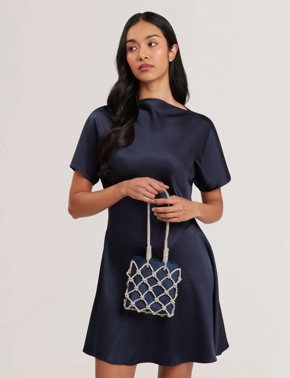 Navy Women Ted Baker KYLIA - Crystal Cage Satin Mini Shoulder Bags | SA  ARH-617948