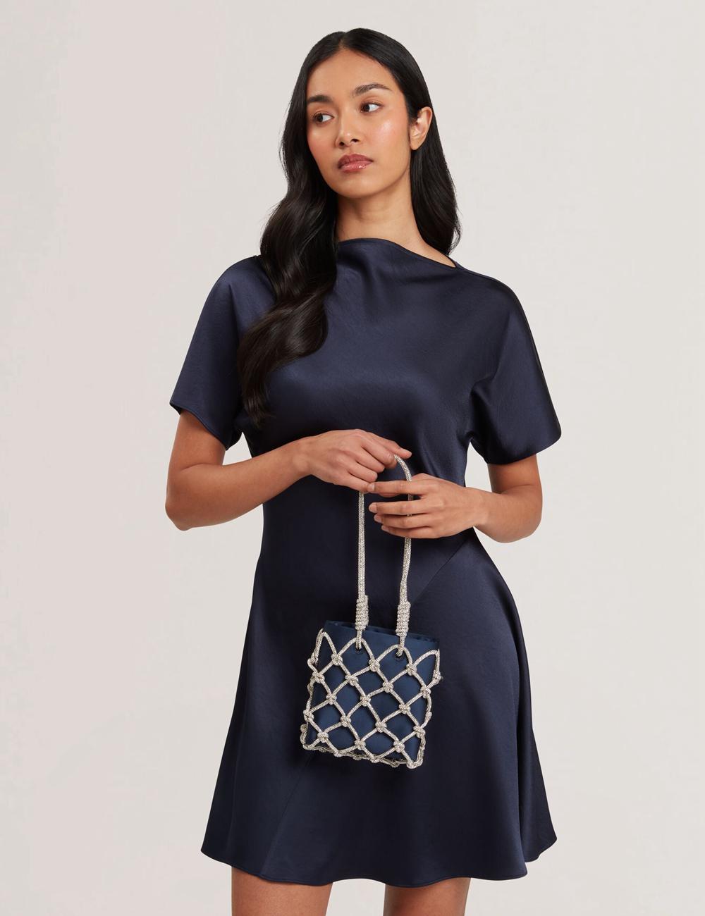 Navy Women Ted Baker KYLIA - Crystal Cage Satin Mini Shoulder Bags | SA  ARH-617948