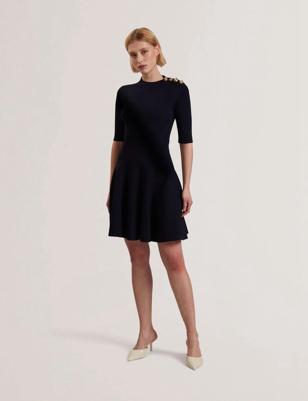 Navy Women Ted Baker LILANO - Ribbed Knit Skater With Rose Buttons Mini Dresses | SA  OMZ-691872