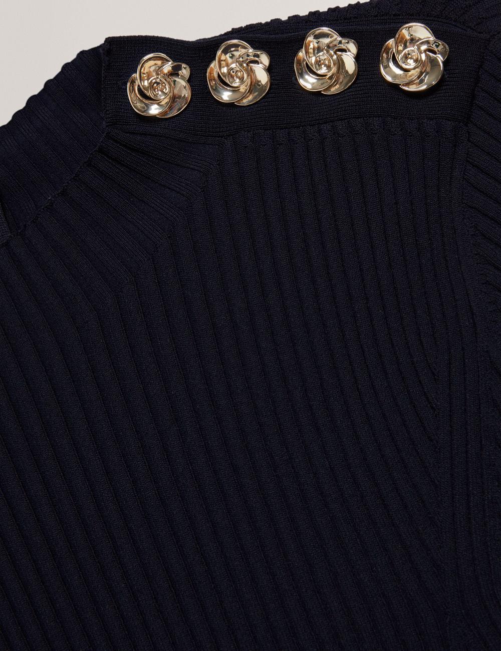 Navy Women Ted Baker LILANO - Ribbed Knit Skater With Rose Buttons Mini Dresses | SA  OMZ-691872