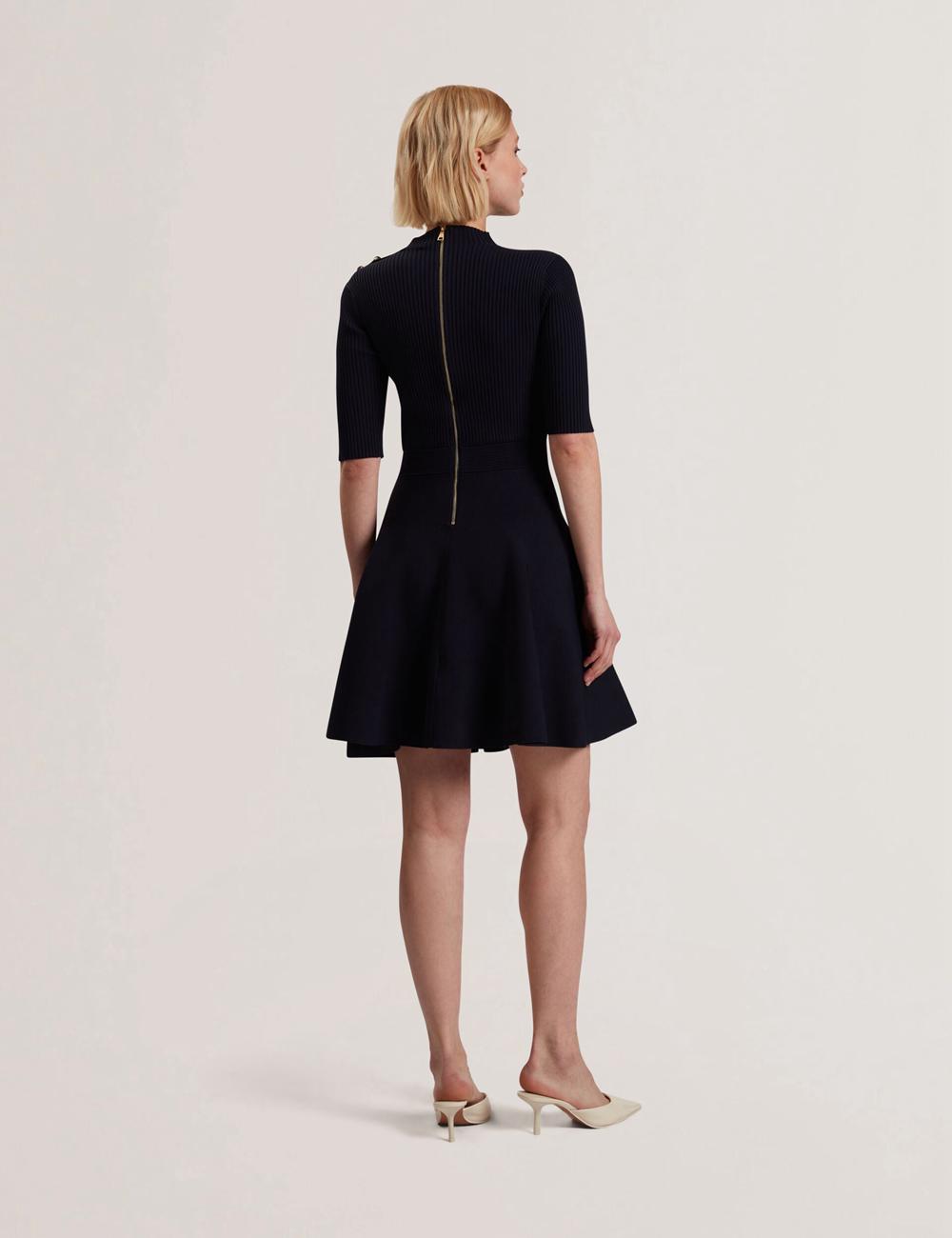 Navy Women Ted Baker LILANO - Ribbed Knit Skater With Rose Buttons Mini Dresses | SA  OMZ-691872
