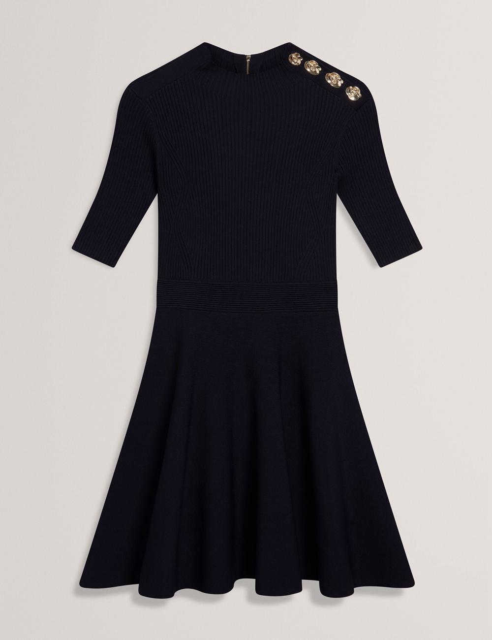 Navy Women Ted Baker LILANO - Ribbed Knit Skater With Rose Buttons Mini Dresses | SA  OMZ-691872