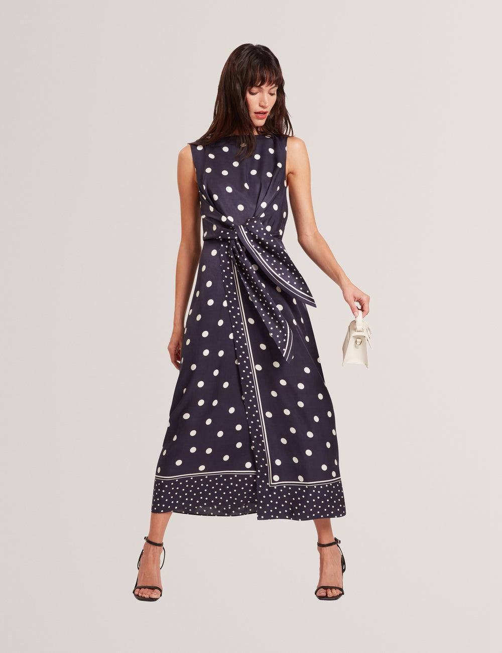 Navy Women Ted Baker MALMOA - Polka Dot Detail Column Midi Dresses | SA  FQJ-093478