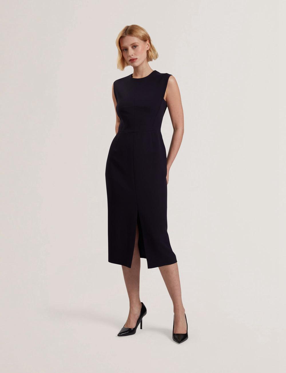 Navy Women Ted Baker MANABDL - Tailored Sleeveless With Front Split Midi Dresses | SA  TVB-629081