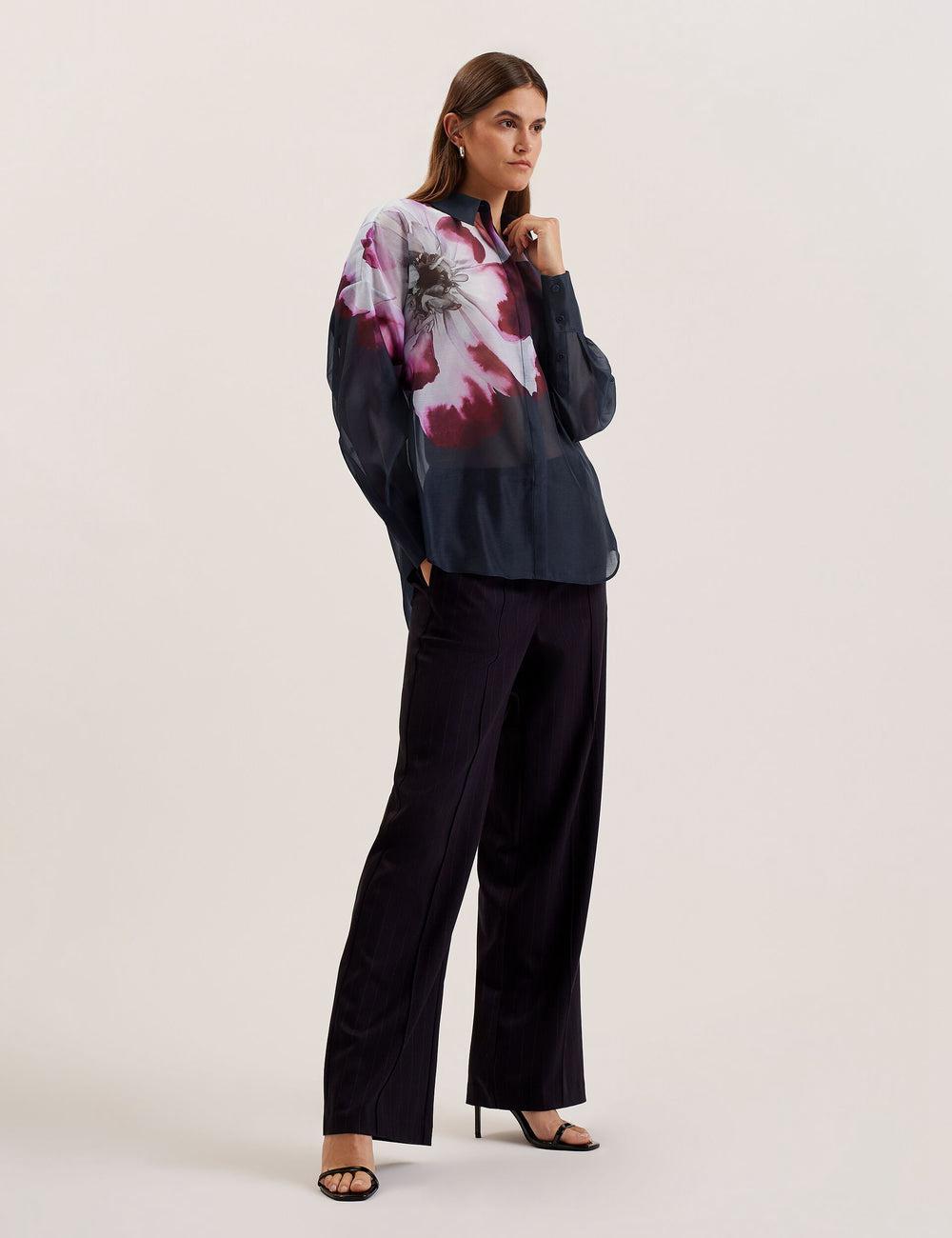 Navy Women Ted Baker ORRIN - Floral Sheer Organza Oversized Casual Shirts | SA  PCU-958274