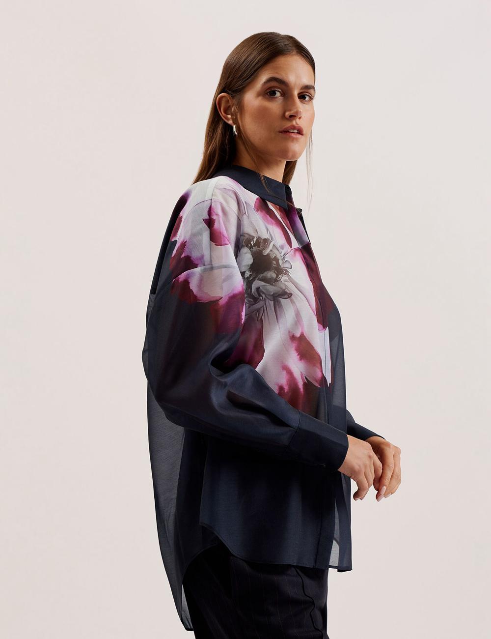 Navy Women Ted Baker ORRIN - Floral Sheer Organza Oversized Casual Shirts | SA  PCU-958274