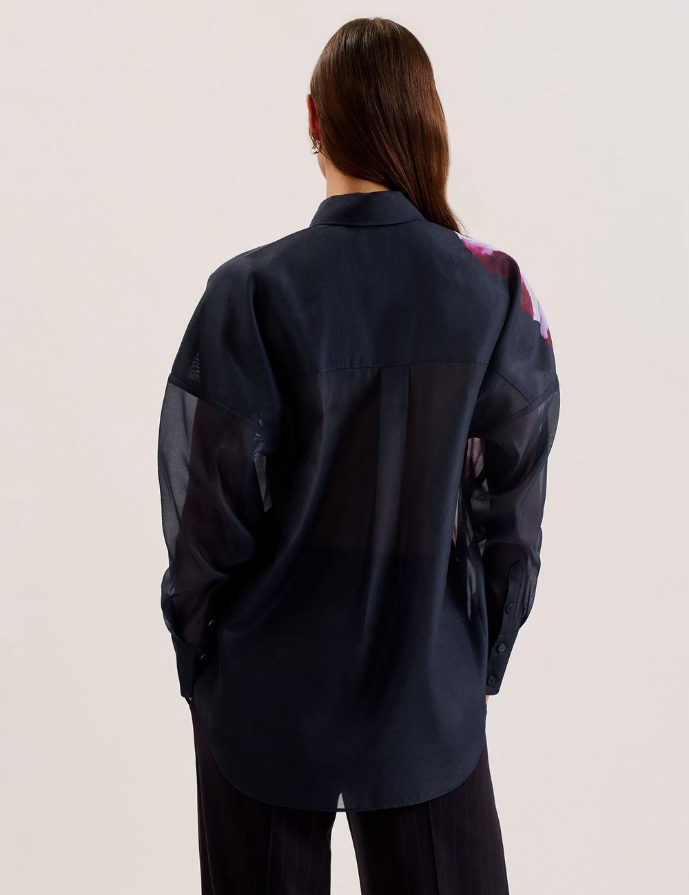 Navy Women Ted Baker ORRIN - Floral Sheer Organza Oversized Casual Shirts | SA  PCU-958274