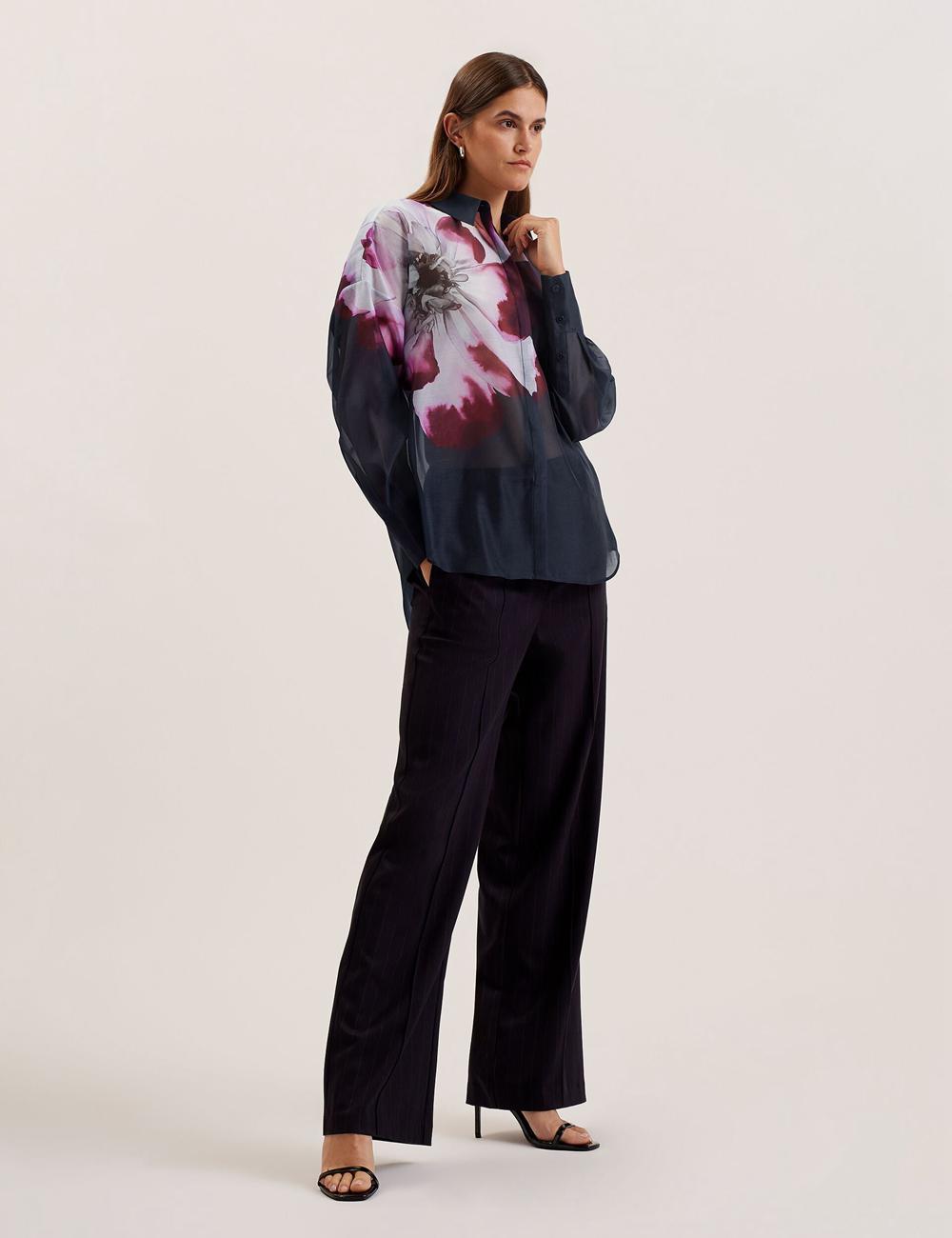 Navy Women Ted Baker ORRIN - Floral Sheer Organza Oversized Casual Shirts | SA  PCU-958274