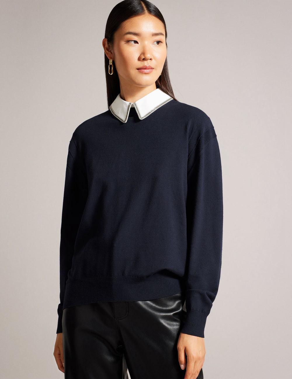 Navy Women Ted Baker PENNII - Mockable With Embellished Shirt Collar Jumpers | SA  UPW-401763