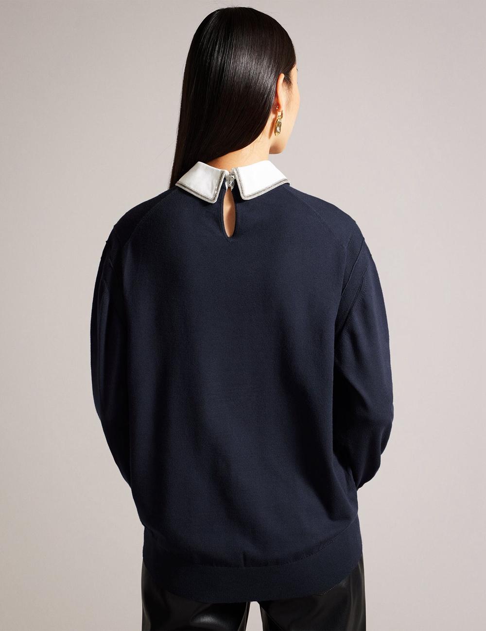 Navy Women Ted Baker PENNII - Mockable With Embellished Shirt Collar Jumpers | SA  UPW-401763