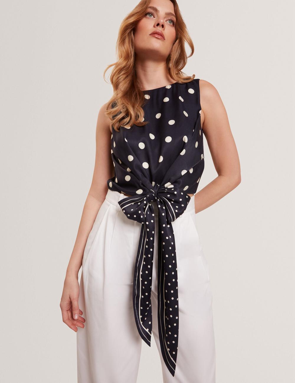 Navy Women Ted Baker VEIRAA - Polka Dot Front Sleeveless Crop Tops | SA  AIN-380152