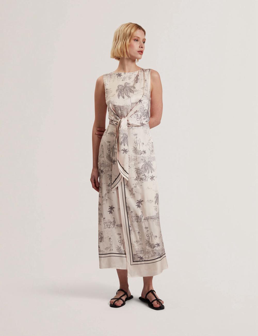 Nude-Pink Women Ted Baker MARRONA - Printed Wrap Front Sleeveless Midi Dresses | SA  UBC-051283