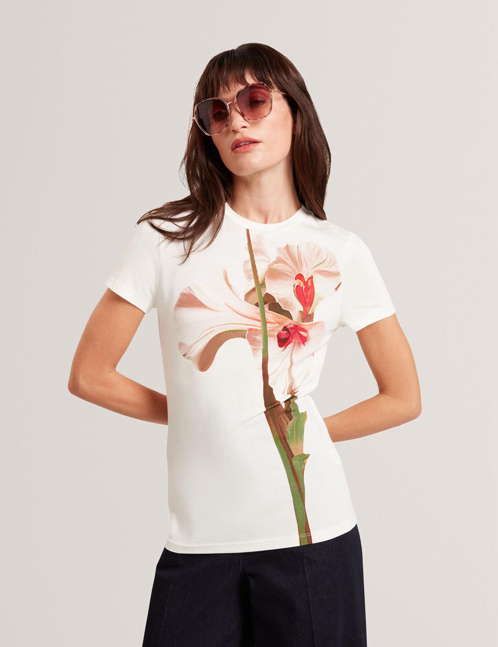Nude-Pink Women Ted Baker MEELIEE - Floral Graphic Fitted Crew Neck T-Shirts | SA  WML-357284
