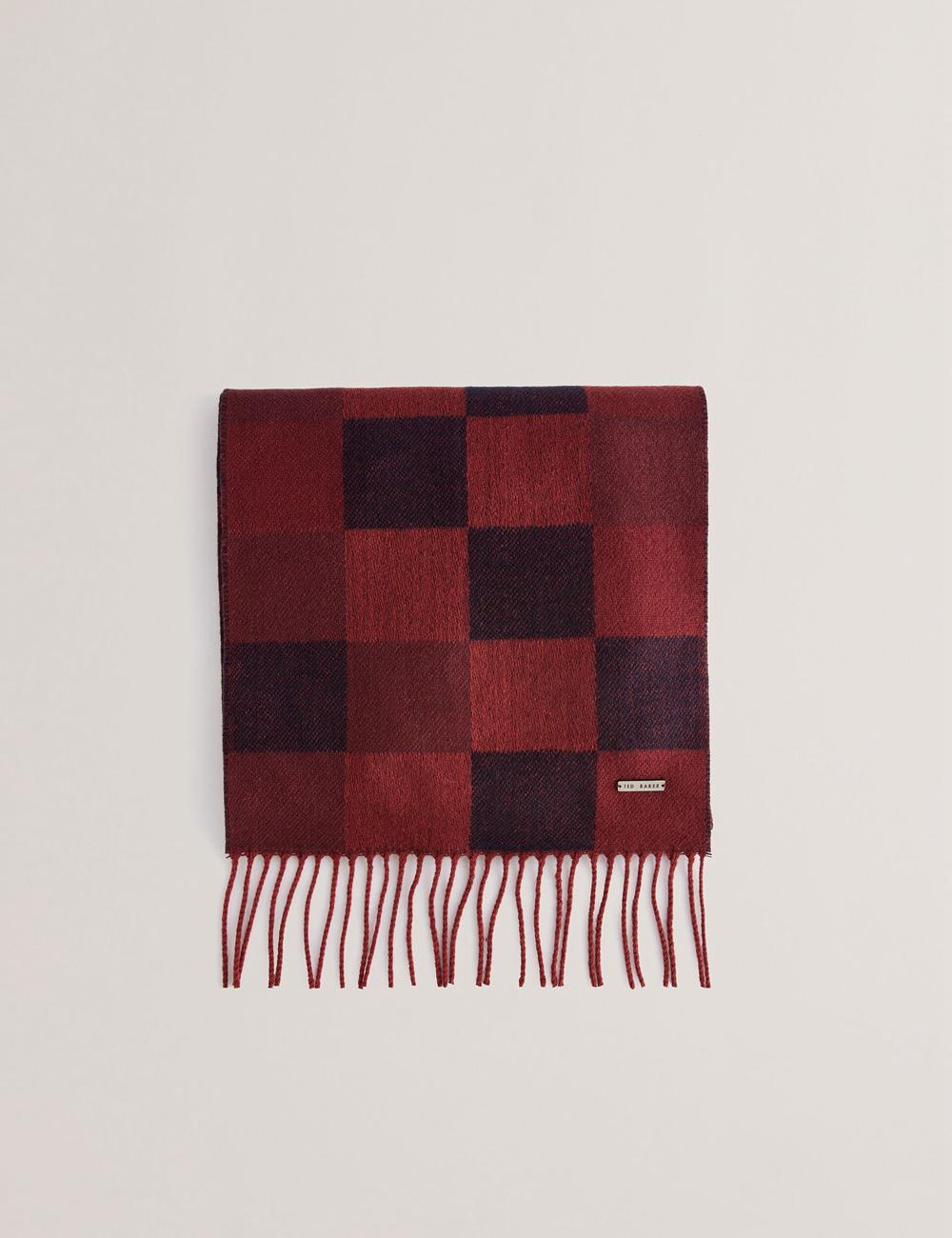 Oxblood Men Ted Baker PETERRR - Block Check With Fringe Trim Woven Scarves | SA  ZJH-691325
