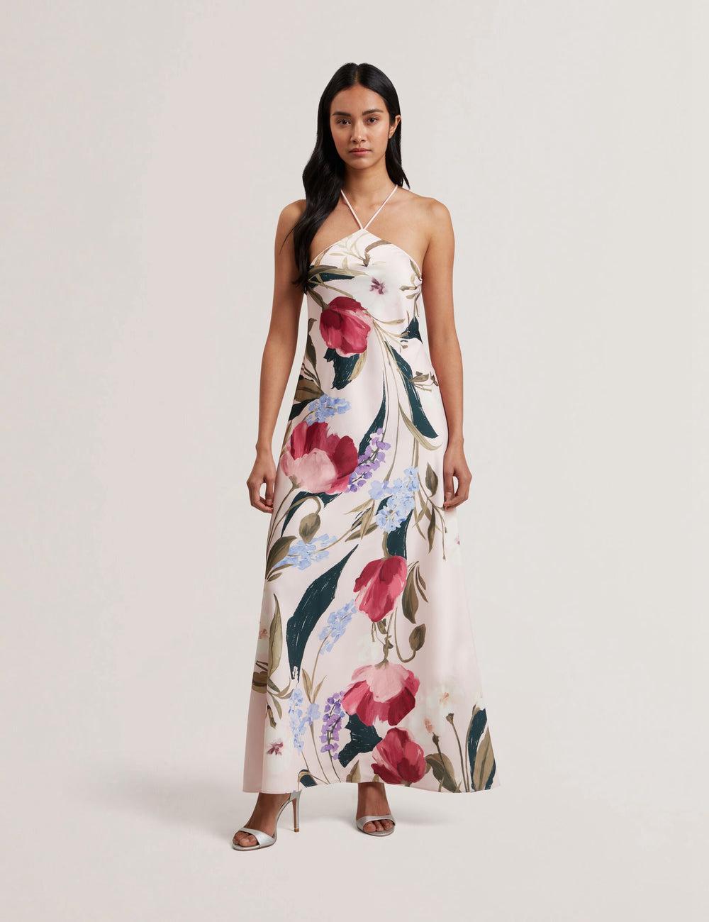Pink Women Ted Baker ALMARIA - Floral Halter Neck Woven Maxi Dresses | SA  SZR-890143