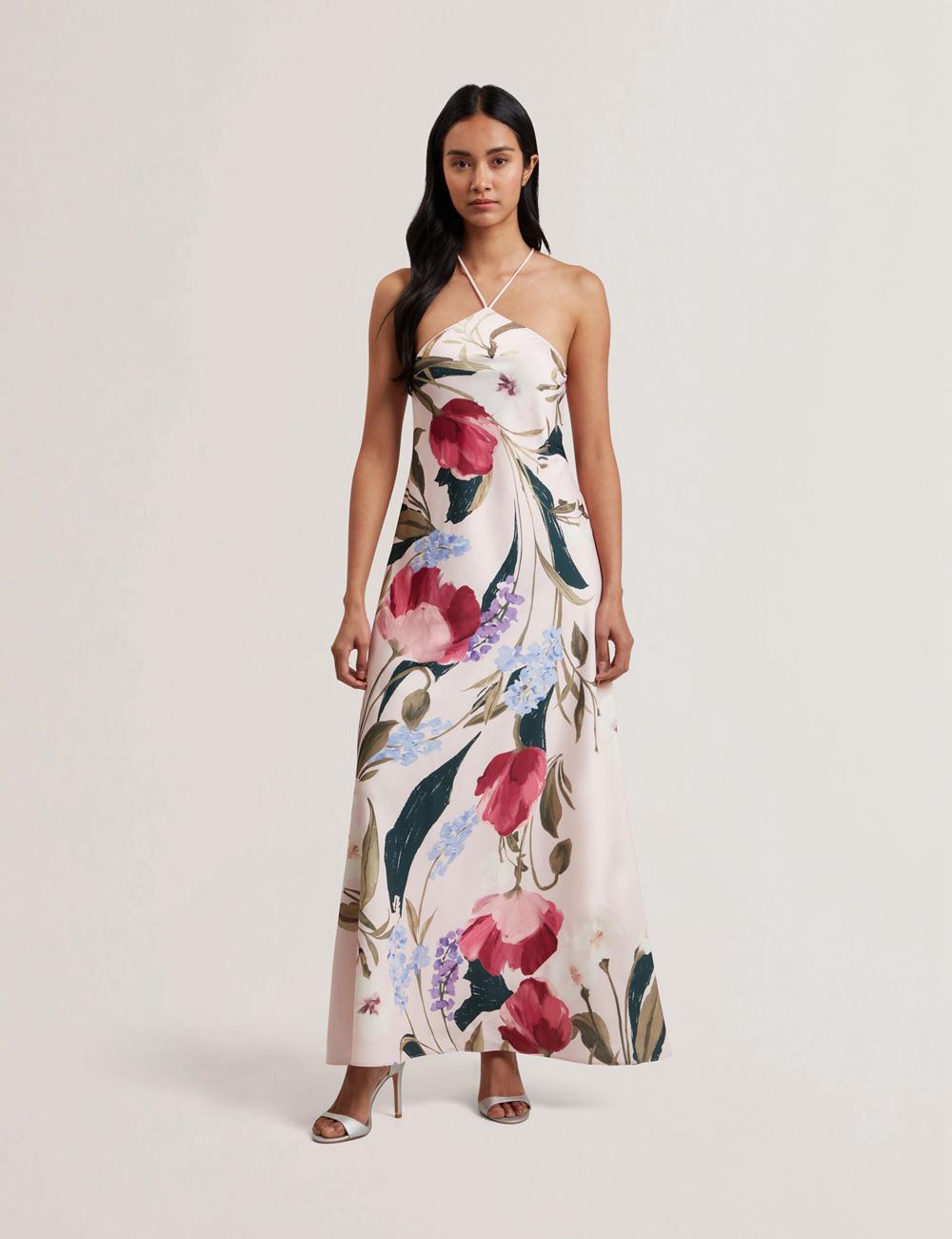 Pink Women Ted Baker ALMARIA - Floral Halter Neck Woven Maxi Dresses | SA  SZR-890143