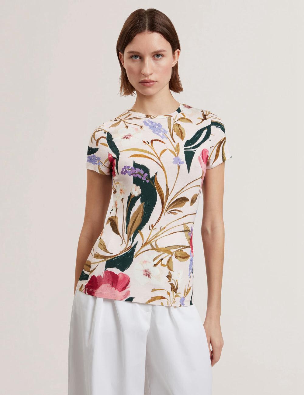 Pink Women Ted Baker BELLIEA - Painted Floral Print Slim Fit T-Shirts | SA  PWM-027156